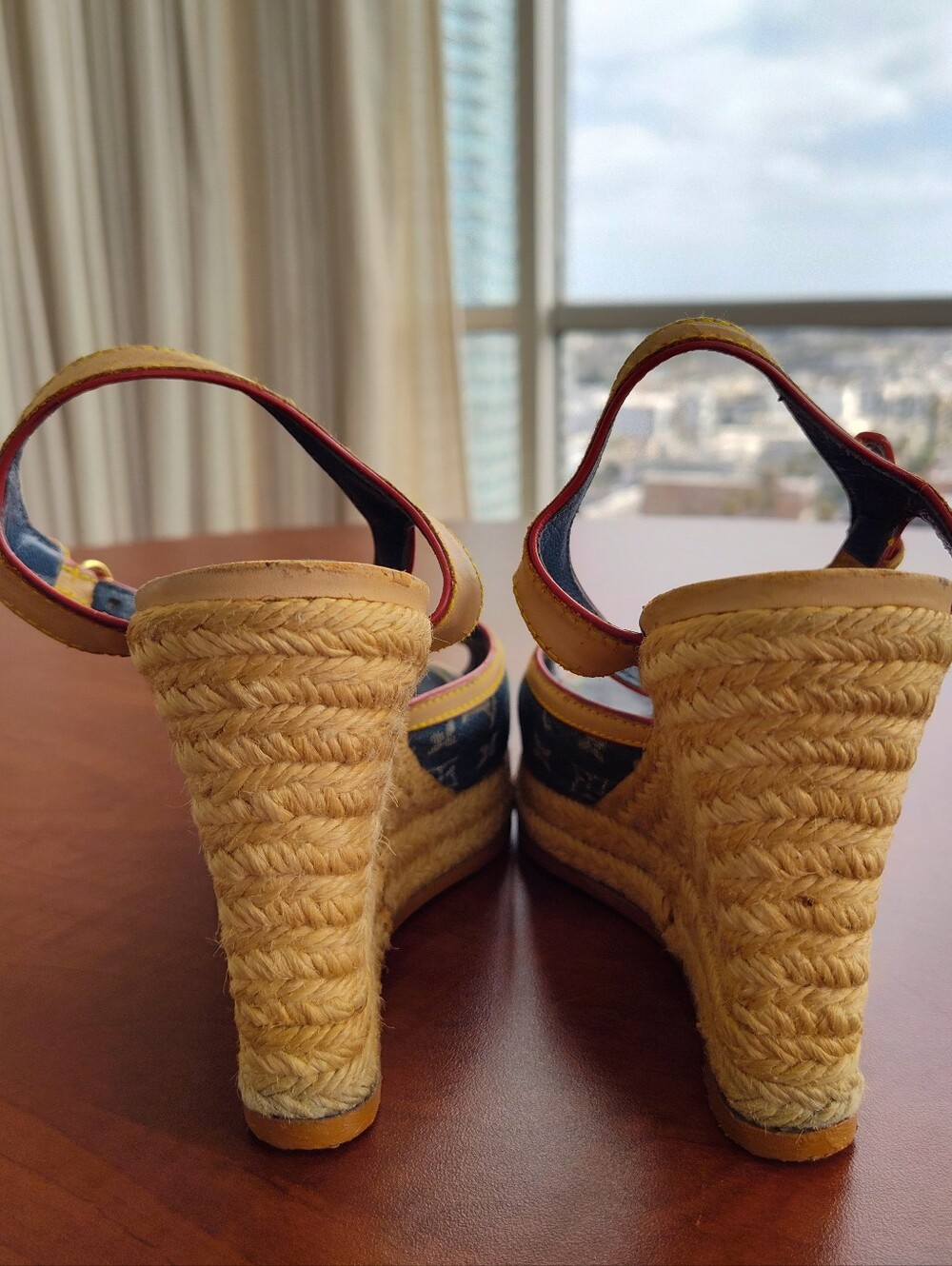Louis Vuitton Blue Beige Monogram Denim & Leather Espadrille Ankle Strap Wedge 7 - Picture 4 of 6